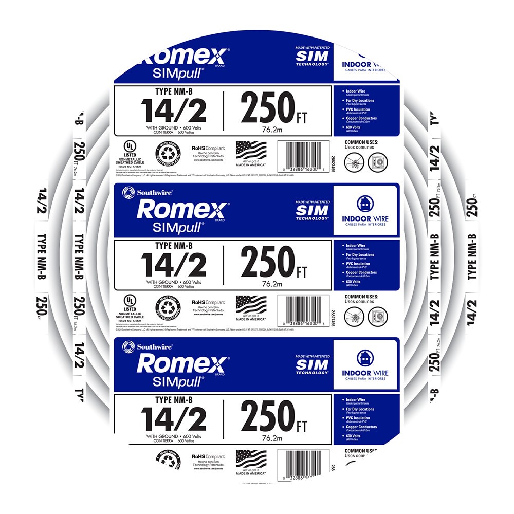 slide 1 of 3, Southwire 250-ft 14 / 2 / Romex SIMpull Solid Indoor CU NM-B W/G Individual pack ( By-the-roll ), 1 ct