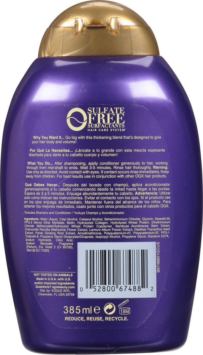 slide 3 of 9, OGX Thick & Full + Biotin & Collagen Extra Strength Volumizing Conditioner with Vitamin B7 & Hydrolyzed Wheat Protein for Fine Hair. Sulfate-Free Surfactants for Thicker, Fuller Hair, 13 Fl Oz, 13 oz