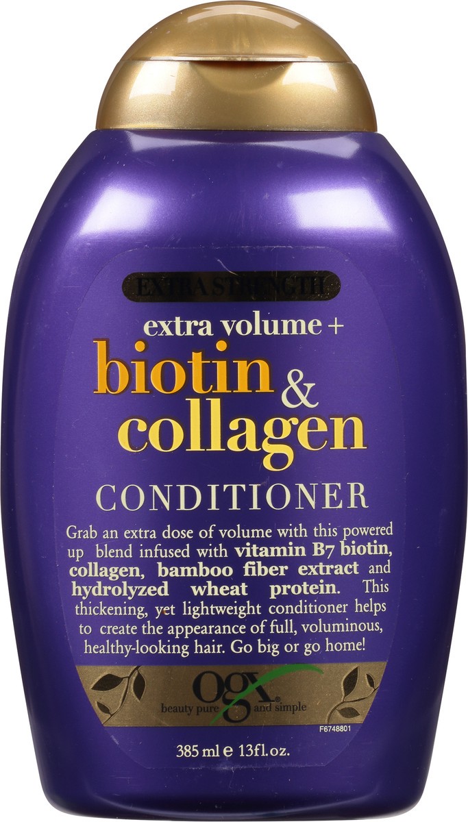 slide 8 of 9, OGX Thick & Full + Biotin & Collagen Extra Strength Volumizing Conditioner with Vitamin B7 & Hydrolyzed Wheat Protein for Fine Hair. Sulfate-Free Surfactants for Thicker, Fuller Hair, 13 Fl Oz, 13 oz