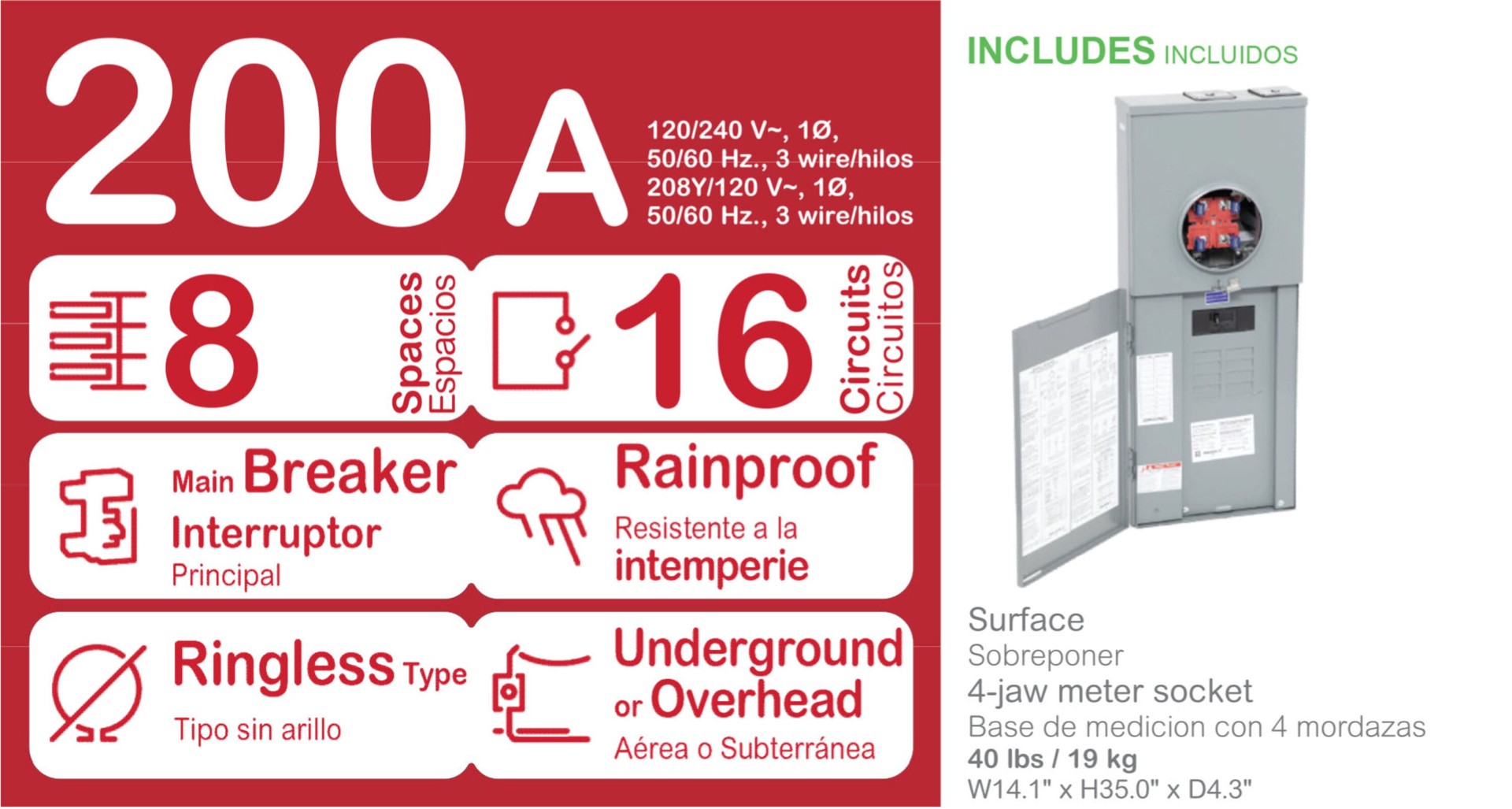 slide 5 of 5, Square D Homeline Ringless Overhead/Underground 200 -Amp 8 -Spaces 16 -Circuit Outdoor Main Breaker Meter Combo Load Center, 1 ct
