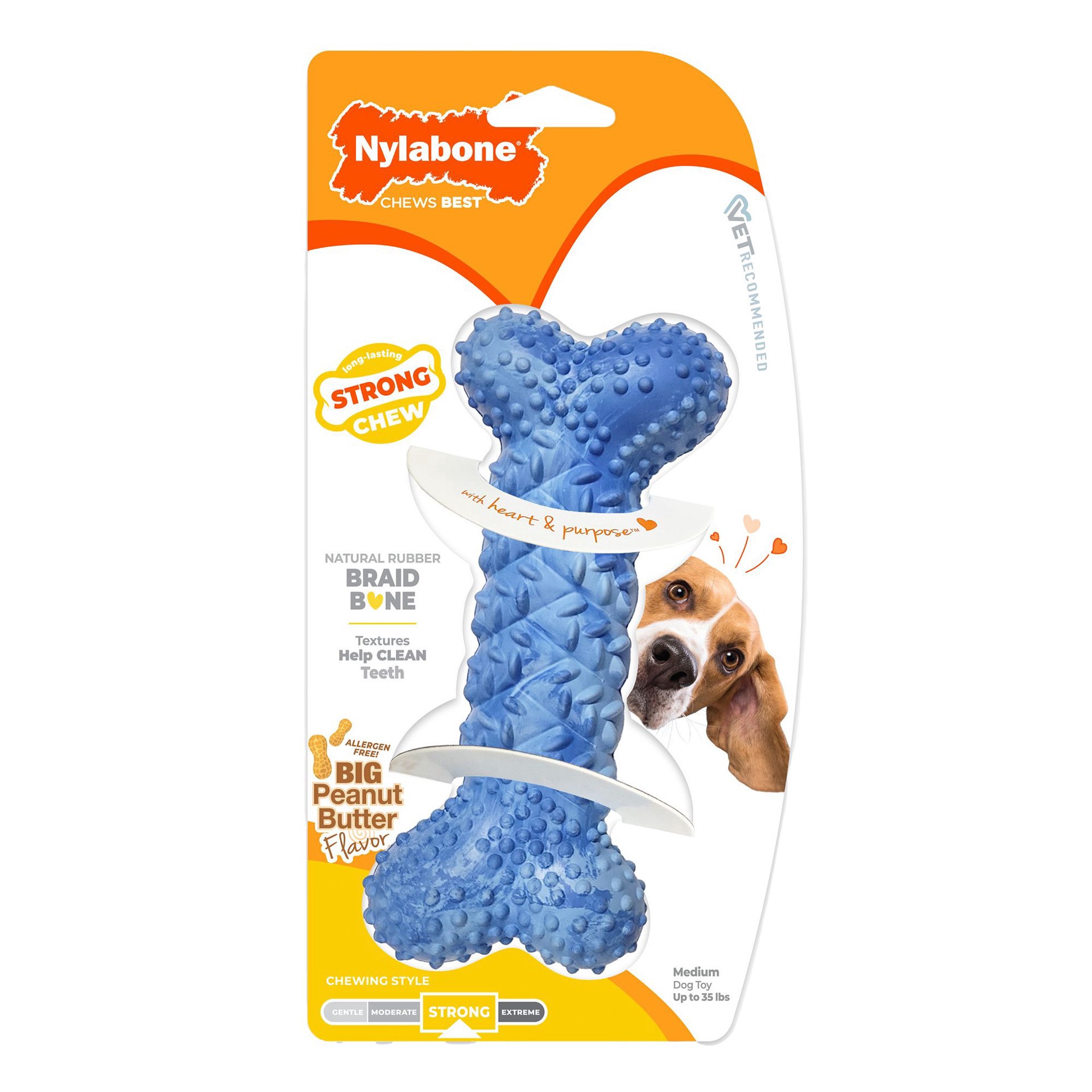 slide 1 of 1, Nylabone Rubber Strong Braid Bone Chew Dog Toy, MED