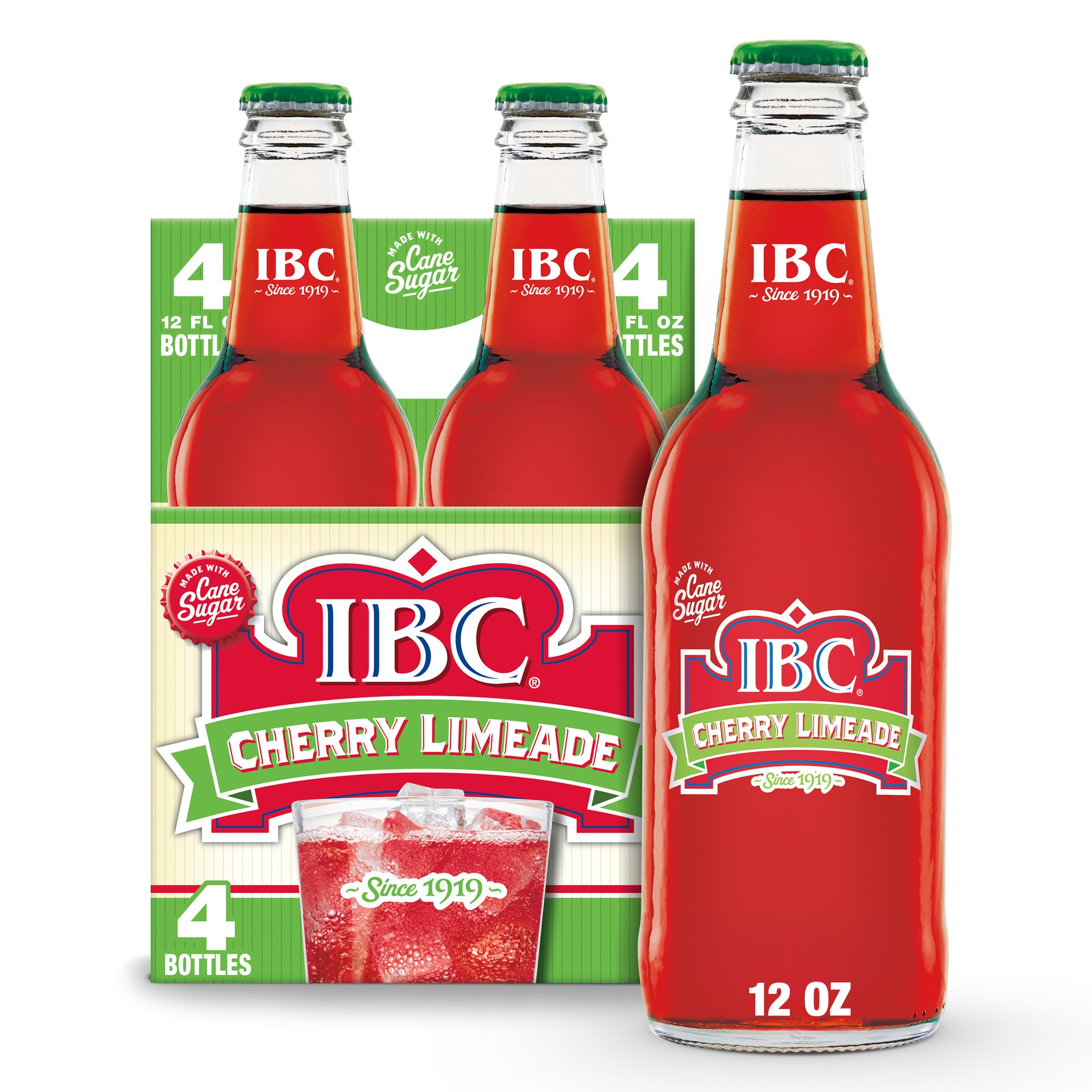 slide 1 of 3, IBC Cherry Limeade Made with Sugar Soda, 12 fl oz glass bottles, 4 pack, 4 ct; 12 fl oz