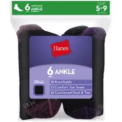 Hanes Womens Ankle Sock, Black, Size 5-9