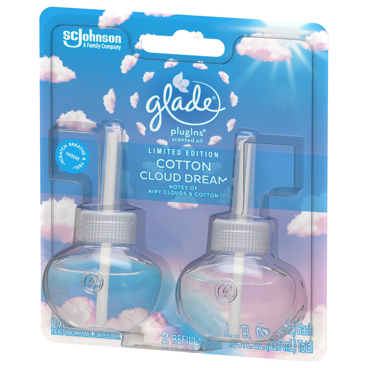 slide 4 of 5, Glade PlugIns Scented Oil Refill, Cotton Cloud Dream Scent, Infused with Essential Oils, Spring Limited Edition Fragrance, Positive Vibes Collection, 0.67 oz, 2 Count., 2 ct