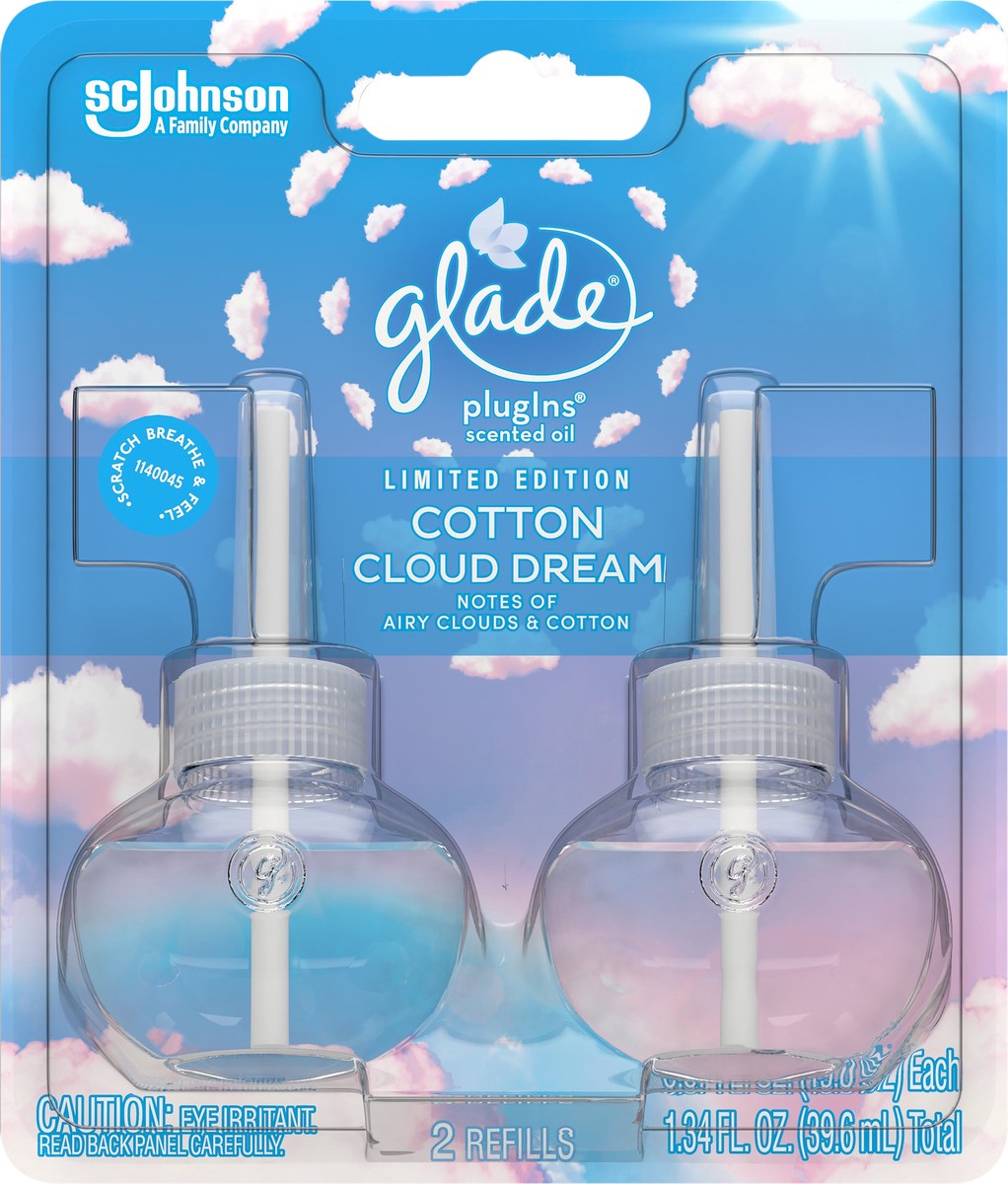 slide 3 of 5, Glade PlugIns Scented Oil Refill, Cotton Cloud Dream Scent, Infused with Essential Oils, Spring Limited Edition Fragrance, Positive Vibes Collection, 0.67 oz, 2 Count., 2 ct