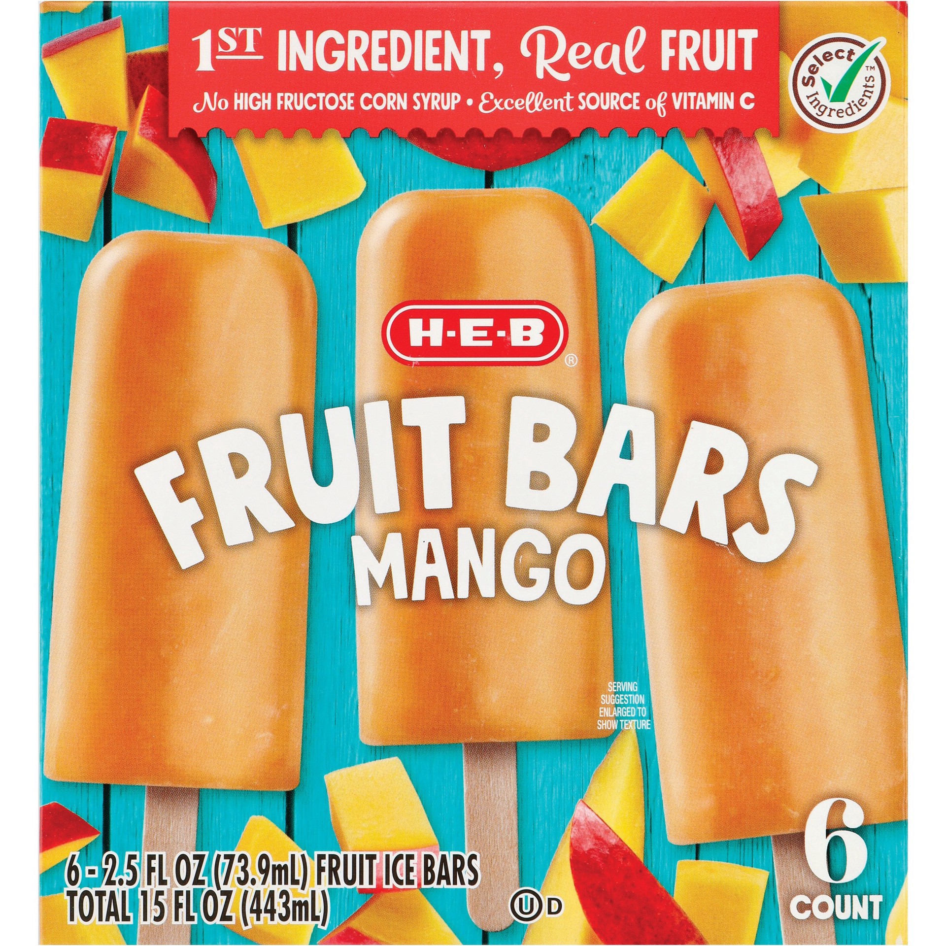 slide 1 of 1, H-E-B Frozen Fruit Bars - Mango, 6 ct