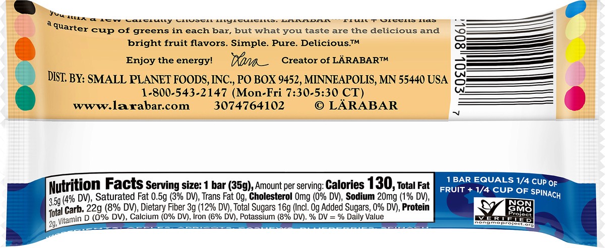 slide 7 of 13, LÄRABAR Blueberry Spinach Cashew Food Bar 1.24 oz, 1.24 oz