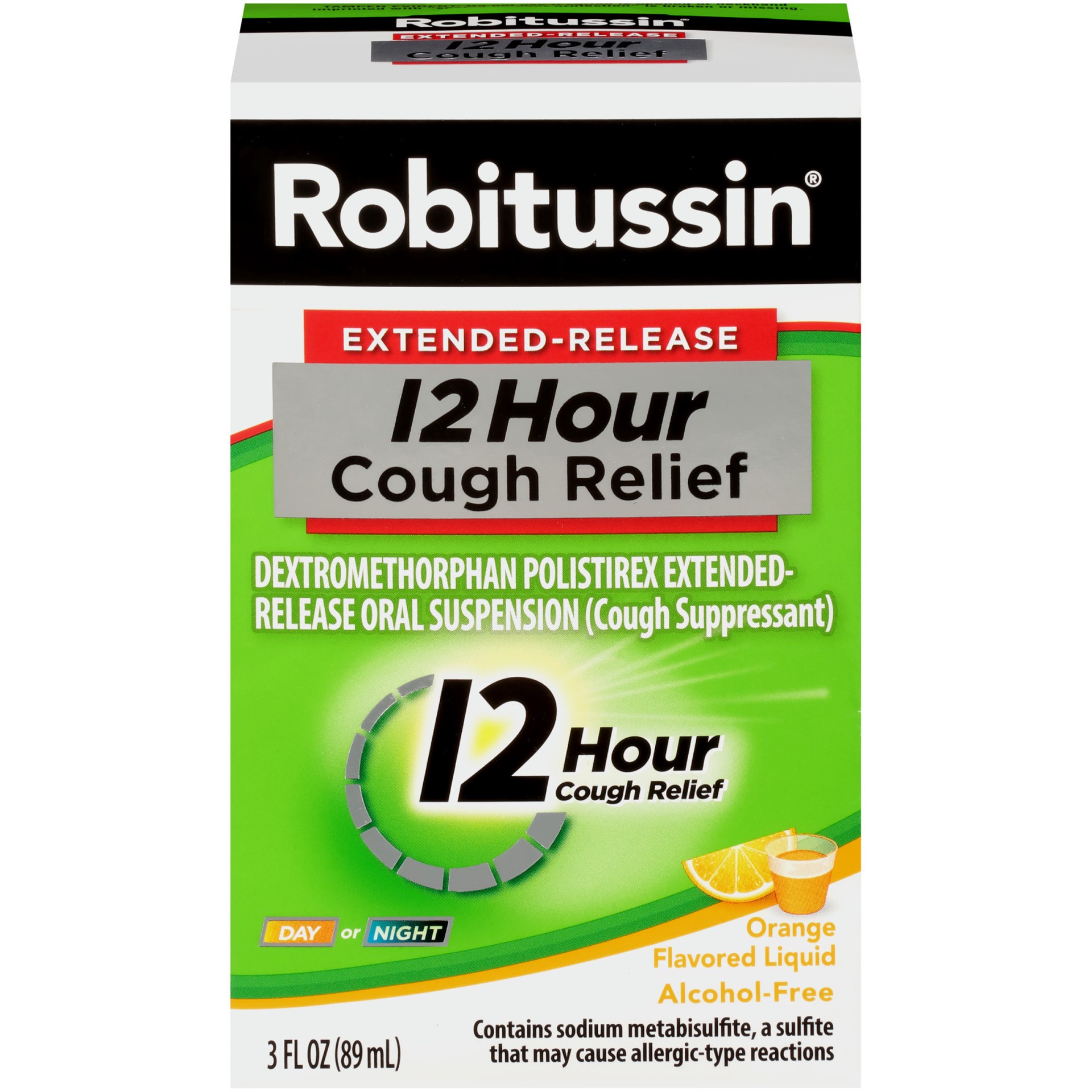 slide 1 of 7, Robitussin Extended-Release 12 Hour Cough Relief (3 fl. oz. Bottle, Orange Flavor), Alcohol-free Cough Suppressant, 3 oz
