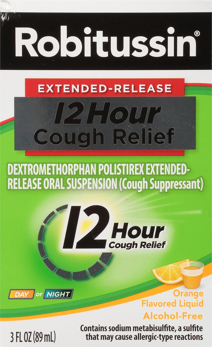 slide 6 of 7, Robitussin Extended-Release 12 Hour Cough Relief (3 fl. oz. Bottle, Orange Flavor), Alcohol-free Cough Suppressant, 3 oz