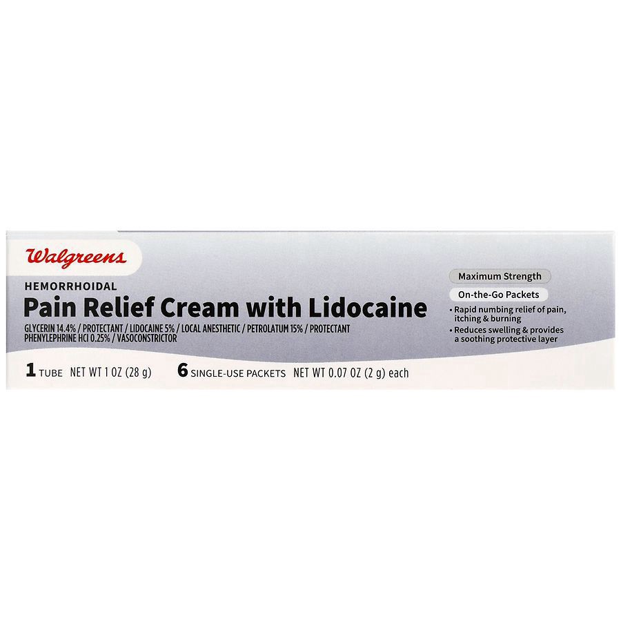 slide 3 of 5, Walgreens Hemorrhoidal Pain Relief Cream with Lidocaine Tube + Single-Use Packets, 1 ct