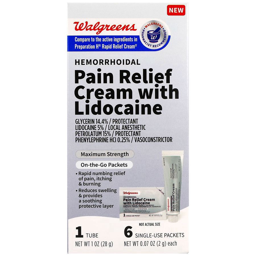 slide 1 of 5, Walgreens Hemorrhoidal Pain Relief Cream with Lidocaine Tube + Single-Use Packets, 1 ct