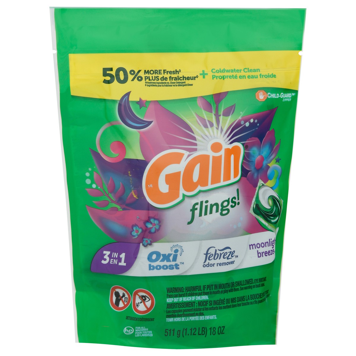 slide 3 of 9, Gain Flings! Pacs HE Moonlight Breeze Detergent 18 oz, 24 ct