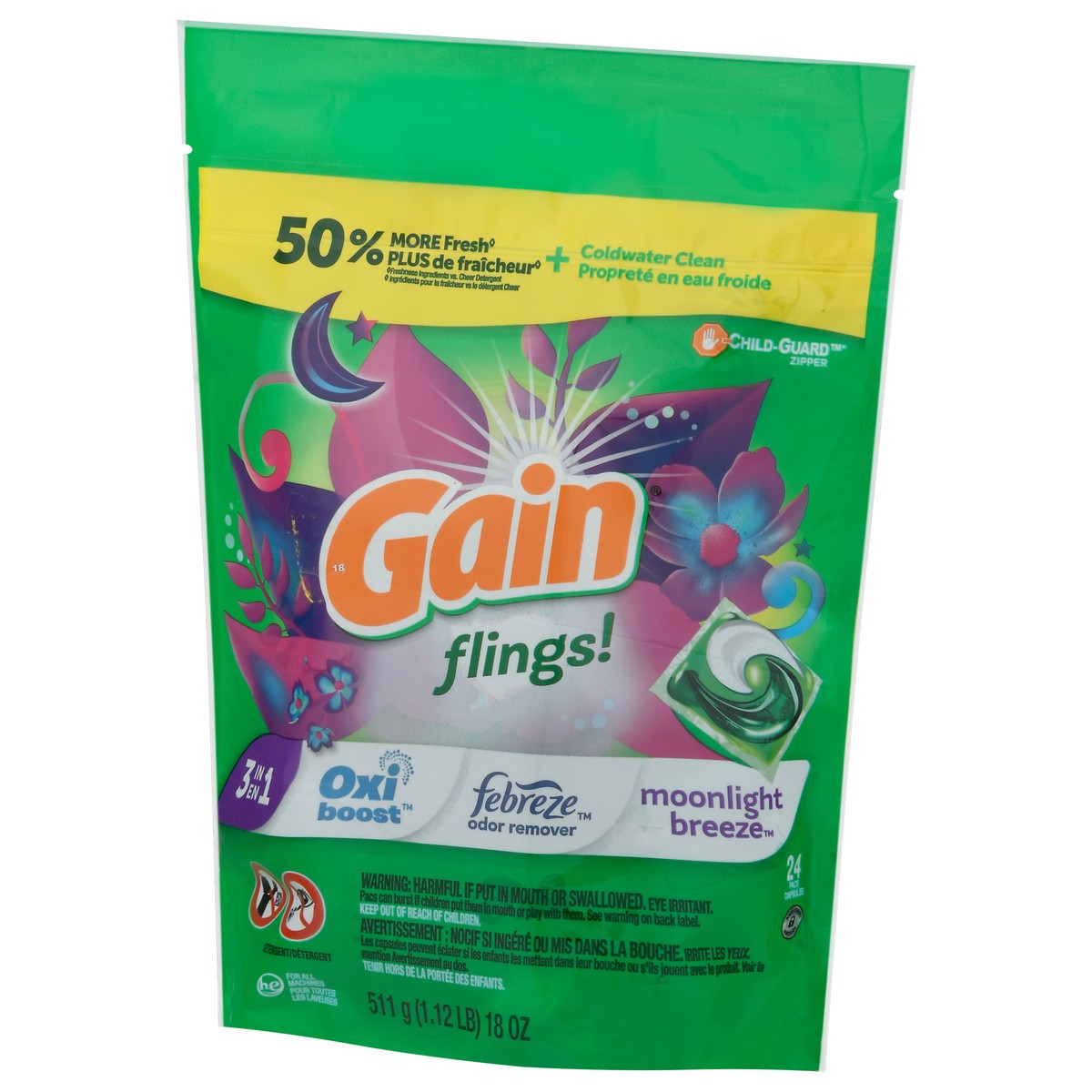 slide 2 of 9, Gain Flings! Pacs HE Moonlight Breeze Detergent 18 oz, 24 ct