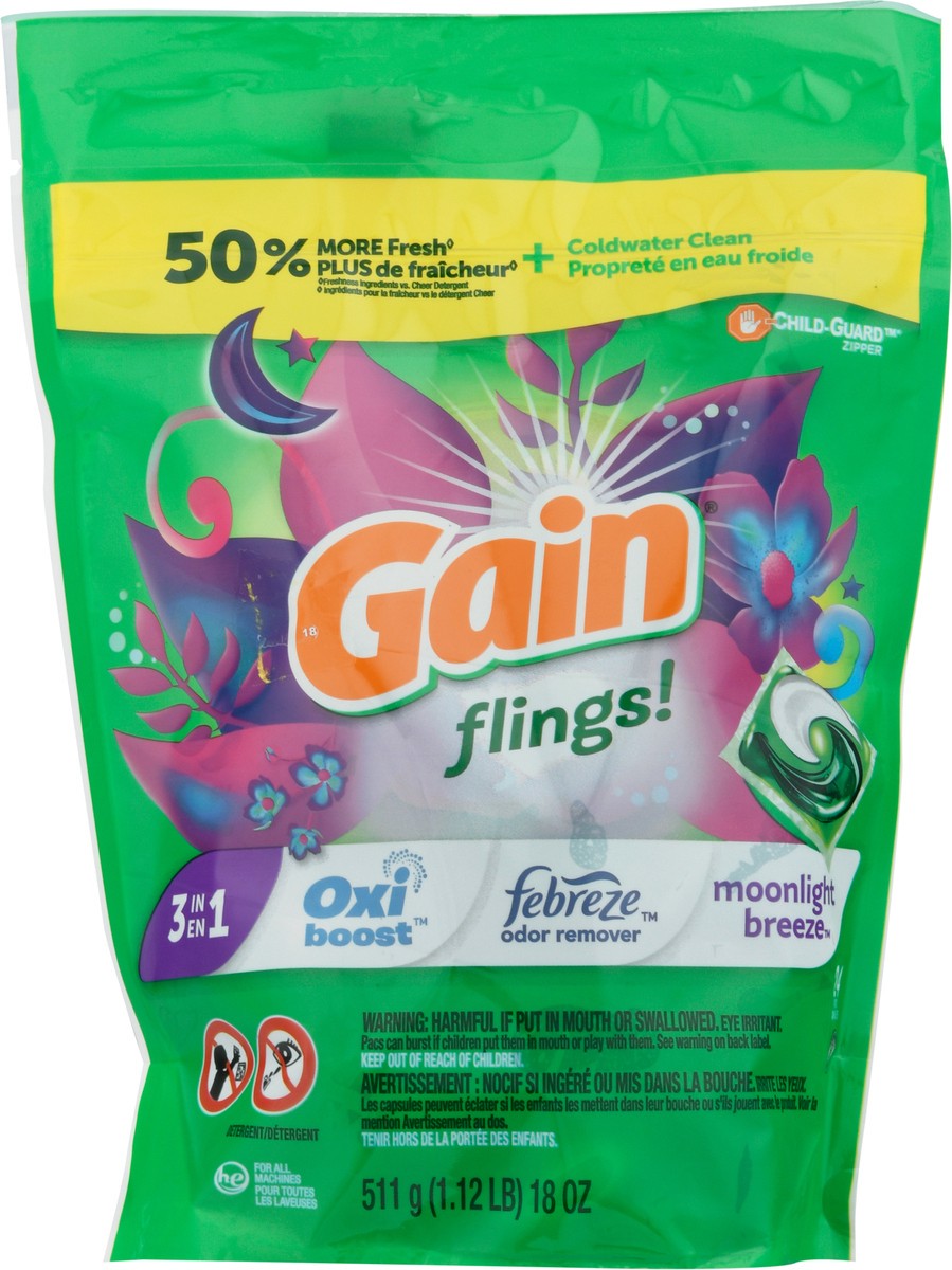 slide 8 of 9, Gain Flings! Pacs HE Moonlight Breeze Detergent 18 oz, 24 ct