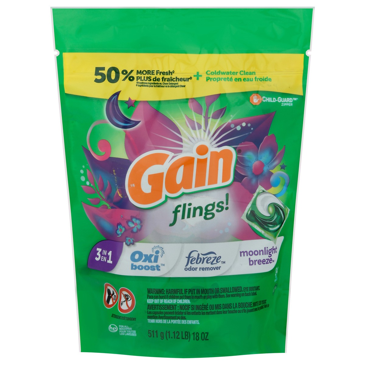 slide 1 of 9, Gain Flings! Pacs HE Moonlight Breeze Detergent 18 oz, 24 ct