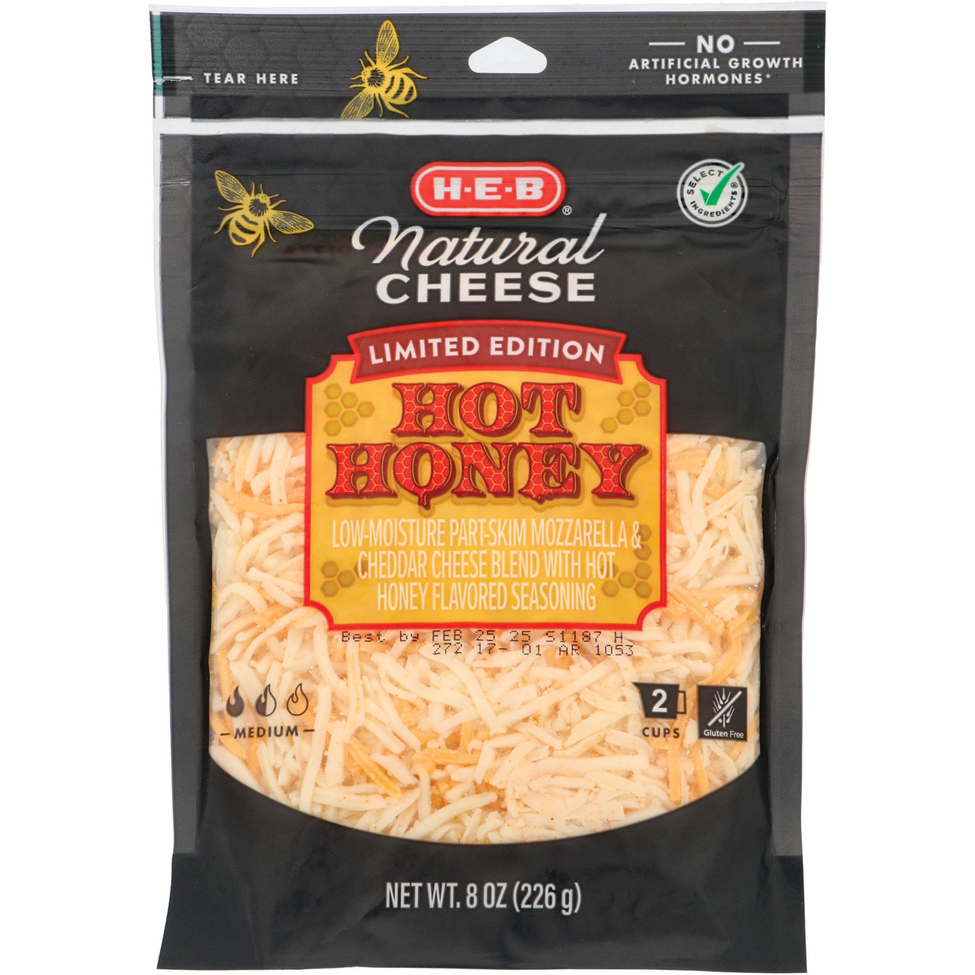 slide 1 of 1, H-E-B Hot Honey Mozzarella & Cheddar Shredded Cheese, 8 oz
