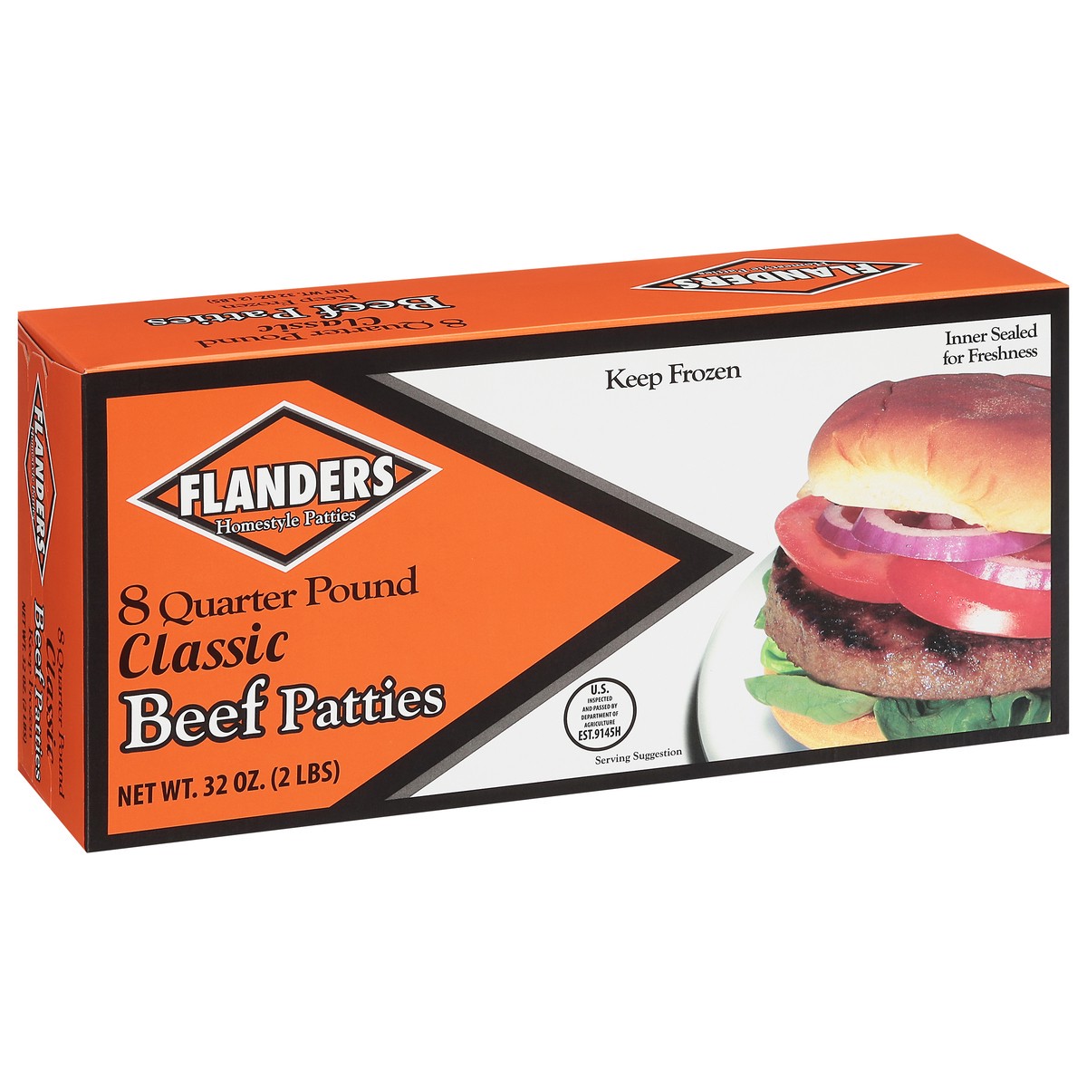 slide 2 of 9, Flanders Classic Quarter Pound Beef Patties 8 ea, 8 ct