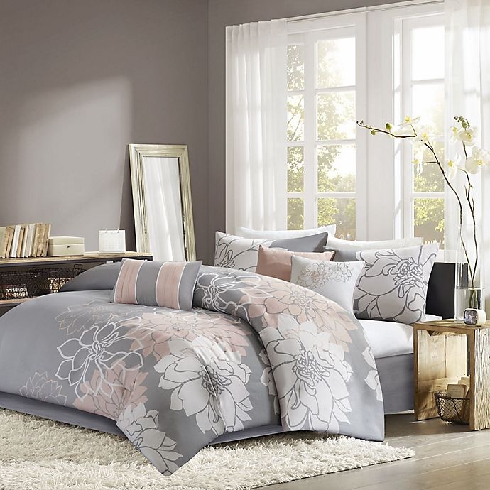 slide 1 of 8, Madison Park Lola Queen Comforter Set - Grey/Blush, 7 ct