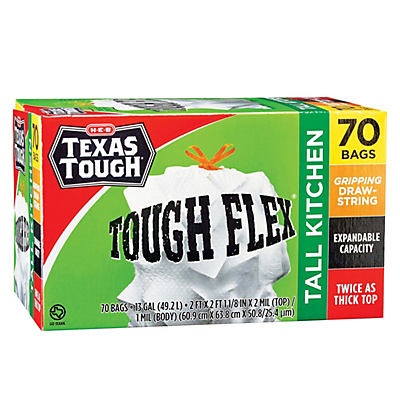 slide 1 of 1, H-E-B Texas Tough Flex Trash Bag, 70 ct