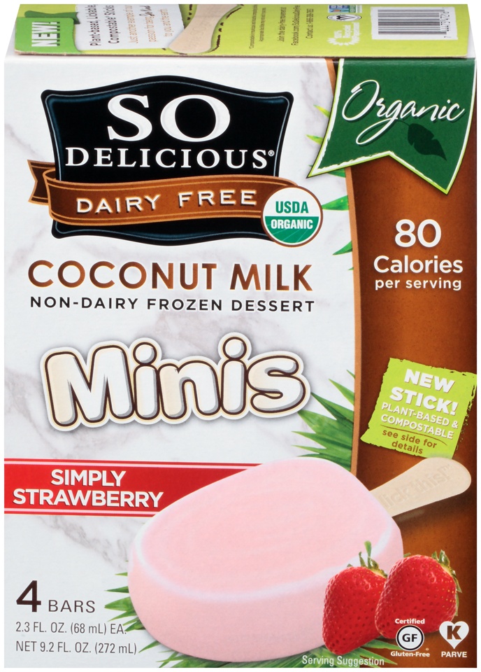 slide 1 of 1, So Delicious Coconut Milk Minis Simply Strawberry Non-Dairy Frozen Dessert Bars, 4 ct; 2.3 fl oz