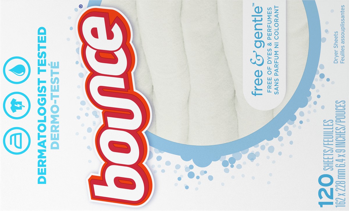 slide 3 of 9, Bounce Free & Gentle Dryer Sheets, 120 Sheets, Unscented Fabric Softener Sheets, Hypoallergenic and Dermatologist Tested, 120 ct