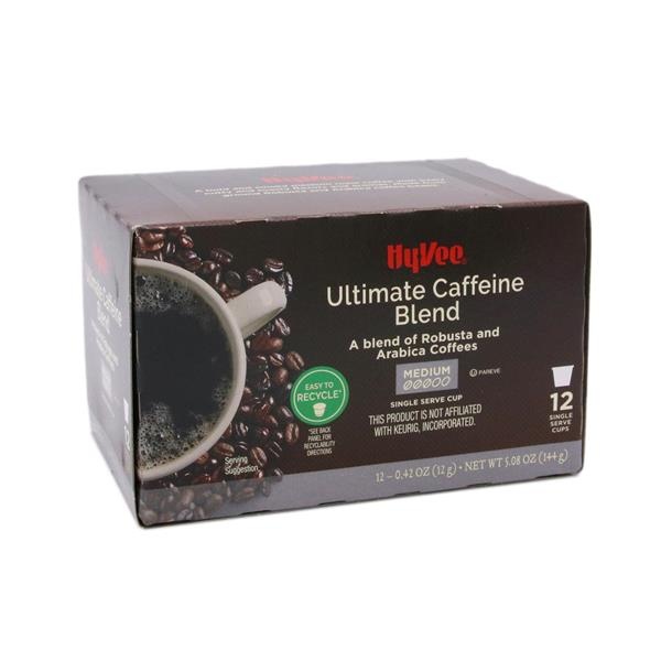 slide 1 of 1, Hy-Vee Ultimate Caffeine Blend Medium Roast Single Serve Cups, 12-0.42 Oz, 5.08 oz