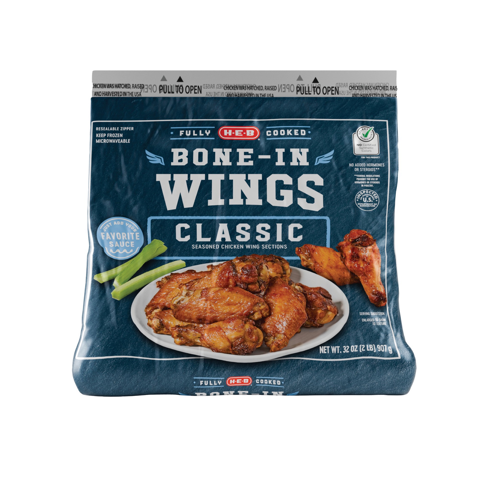 slide 1 of 1, H-E-B Frozen Fully Cooked Bone-In Wings - Classic, 32 oz