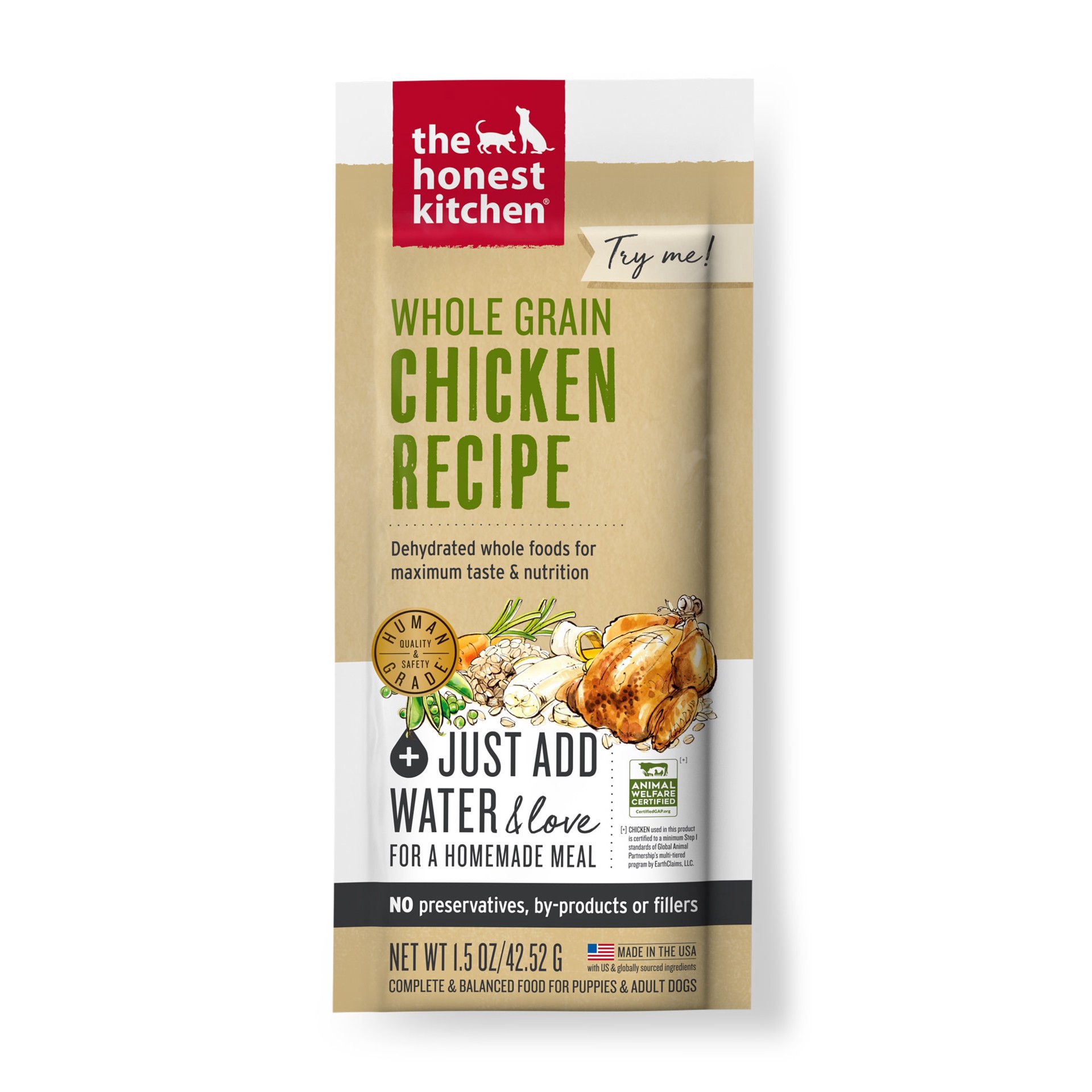 slide 1 of 1, The Honest Kitchen Dehydrated Whole Grain Chicken Recipe Dog Food, 1.5 oz., 1.5 oz