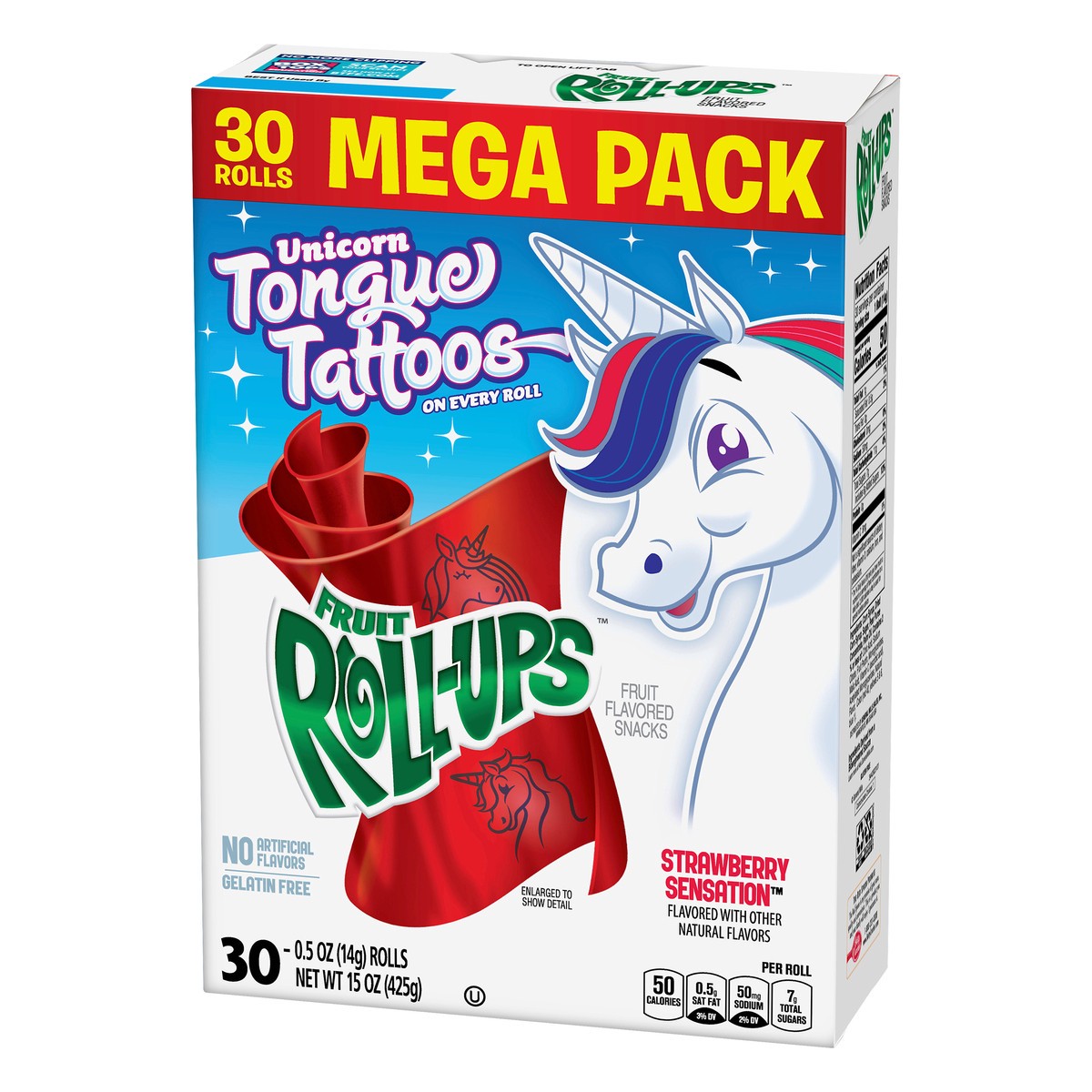 slide 12 of 13, Fruit Roll-Ups Mega Pack Unicorn Tongue Tattoos Strawberry Sensation Fruit Flavored Snacks 30 ea, 30 ct