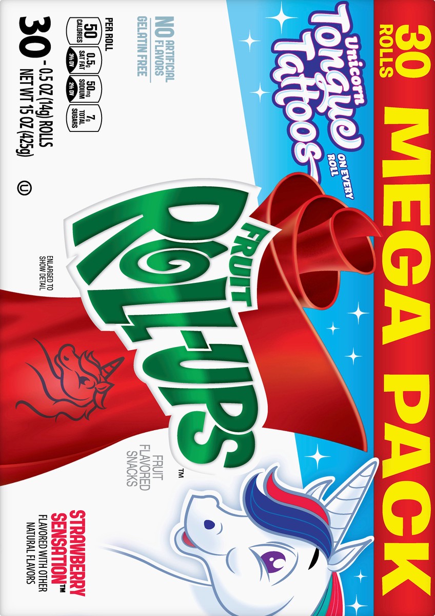 slide 4 of 13, Fruit Roll-Ups Mega Pack Unicorn Tongue Tattoos Strawberry Sensation Fruit Flavored Snacks 30 ea, 30 ct