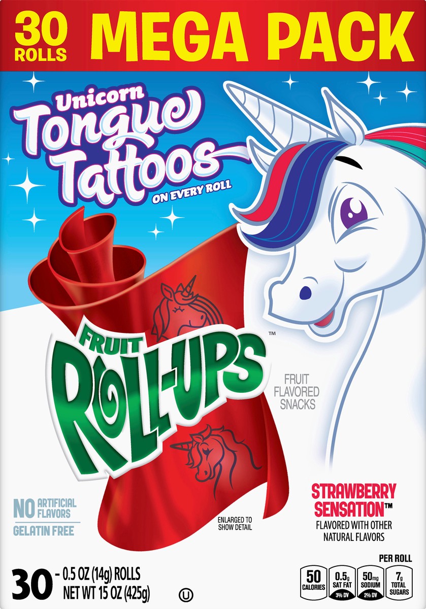 slide 5 of 13, Fruit Roll-Ups Mega Pack Unicorn Tongue Tattoos Strawberry Sensation Fruit Flavored Snacks 30 ea, 30 ct