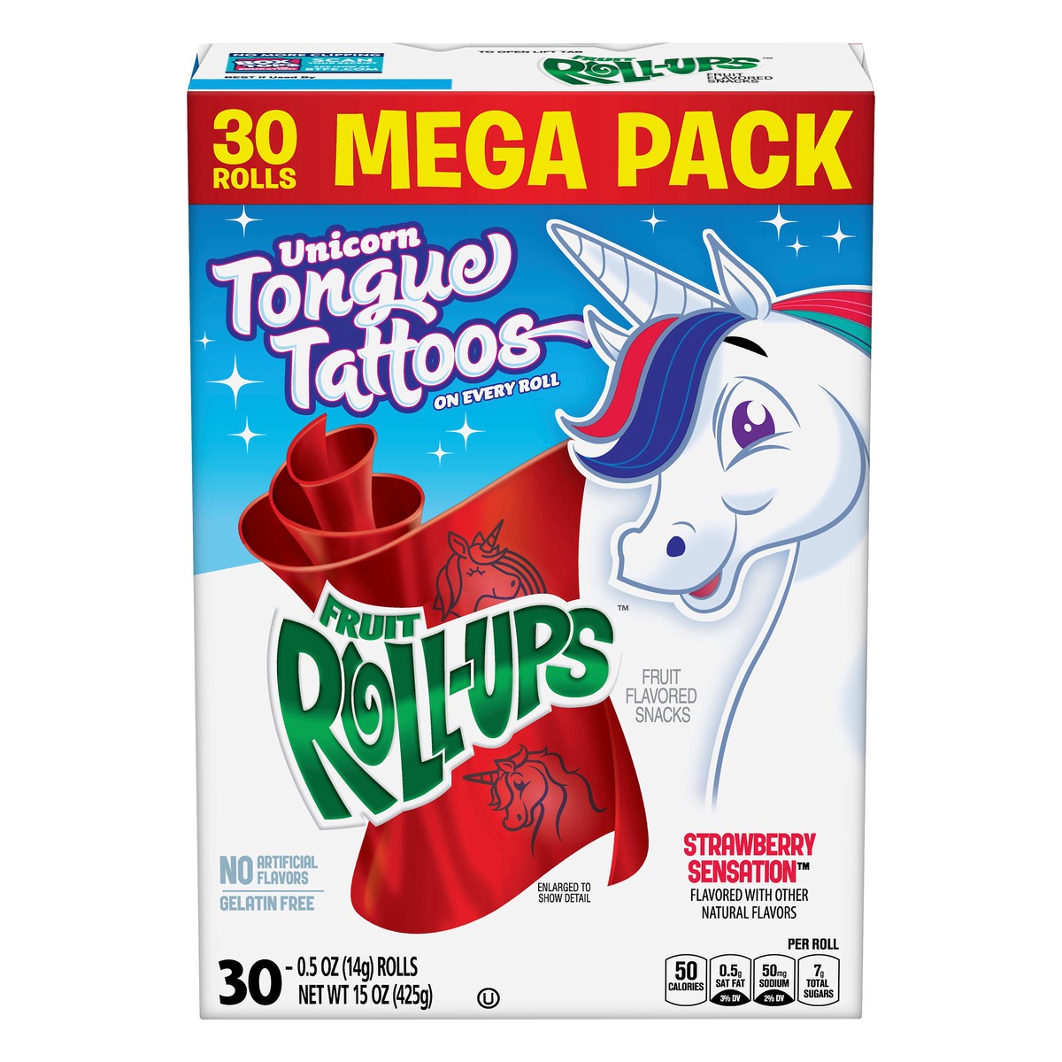 slide 9 of 13, Fruit Roll-Ups Mega Pack Unicorn Tongue Tattoos Strawberry Sensation Fruit Flavored Snacks 30 ea, 30 ct