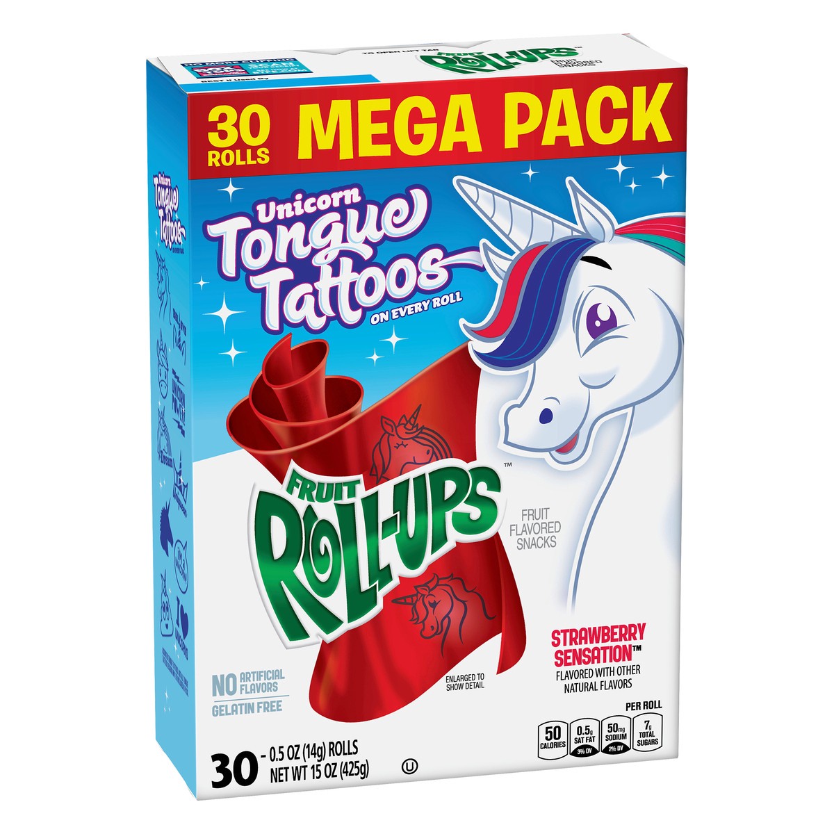 slide 11 of 13, Fruit Roll-Ups Mega Pack Unicorn Tongue Tattoos Strawberry Sensation Fruit Flavored Snacks 30 ea, 30 ct