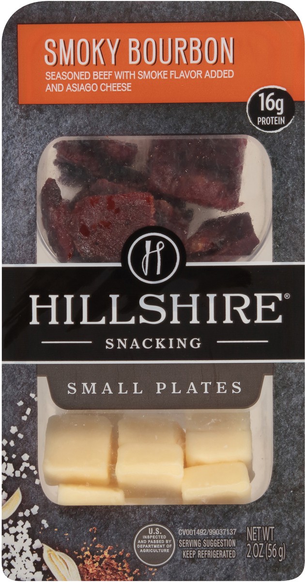 slide 4 of 10, HILLSHIRE Small Plates Bourbon Seasoned Beef with Smoke Flavor Added and Asiago Cheese, 56.70 g