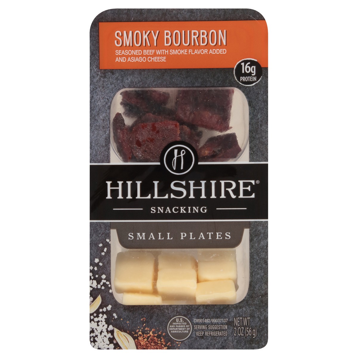 slide 6 of 10, HILLSHIRE Small Plates Bourbon Seasoned Beef with Smoke Flavor Added and Asiago Cheese, 56.70 g