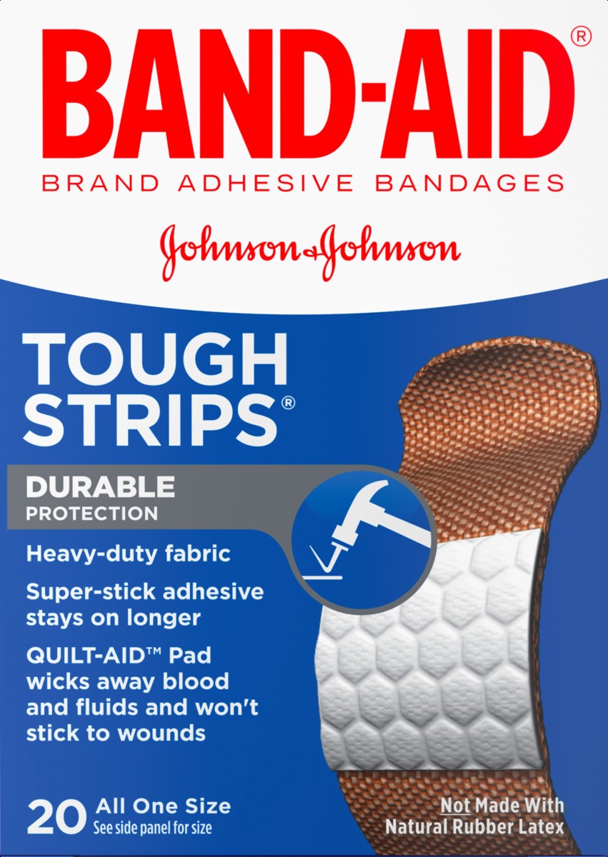 slide 3 of 6, BAND-AID Sterile Tough Strips Adhesive Bandages for First Aid & Wound Care, Durable Protection & Comfort for Minor Cuts, Scrapes & Burns, Heavy-Duty Fabric Bandages, One Size, 20 ct