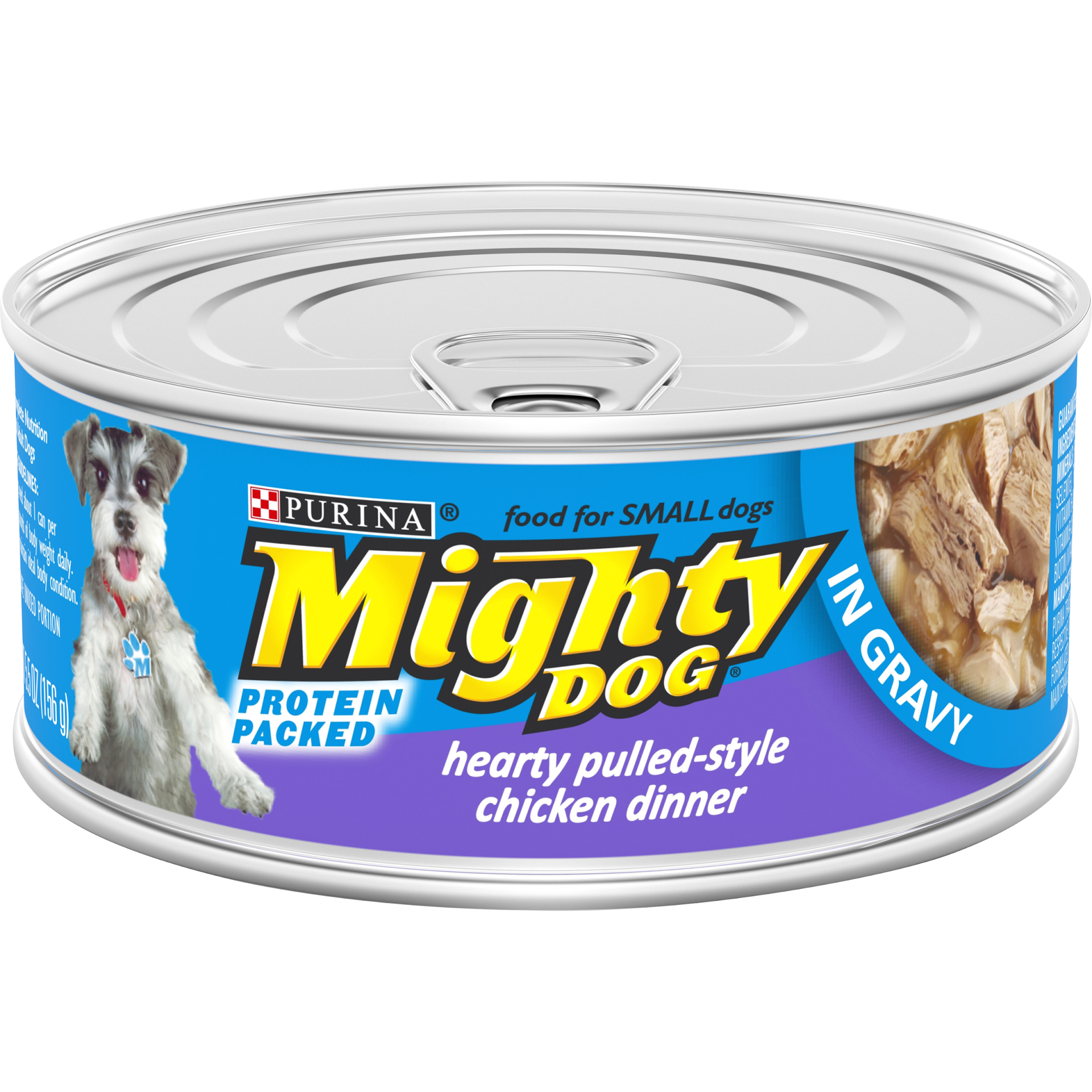 slide 1 of 7, Mighty Dog Purina Mighty Dog Small Breed Gravy Wet Dog Food, Hearty Pulled-Style Chicken Dinner Pull-Top Can, 6.04 oz