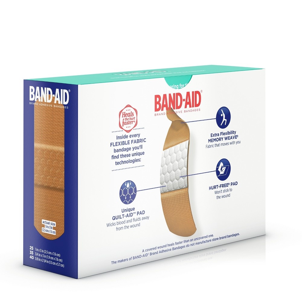 slide 3 of 8, BAND-AID Flexible Fabric Adhesive Bandages, Comfortable Sterile Protection & Wound Care for Minor Cuts & Burns, Quilt-Aid Technology to Cushion Painful Wounds, Assorted Sizes, 100 ct