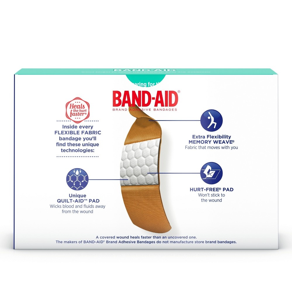 slide 4 of 8, BAND-AID Flexible Fabric Adhesive Bandages, Comfortable Sterile Protection & Wound Care for Minor Cuts & Burns, Quilt-Aid Technology to Cushion Painful Wounds, Assorted Sizes, 100 ct