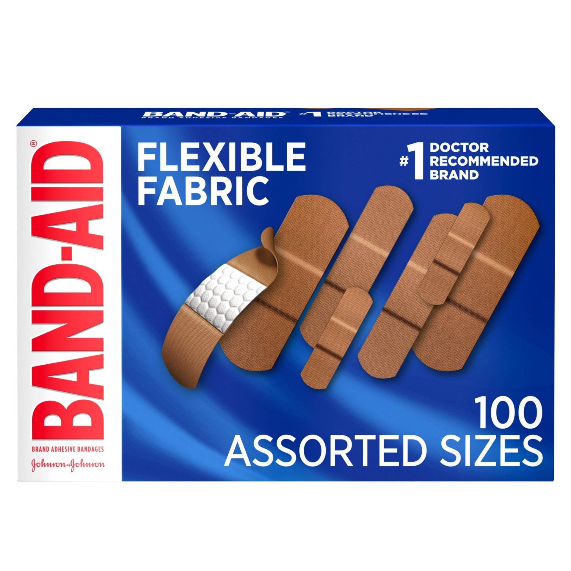 slide 1 of 8, BAND-AID Flexible Fabric Adhesive Bandages, Comfortable Sterile Protection & Wound Care for Minor Cuts & Burns, Quilt-Aid Technology to Cushion Painful Wounds, Assorted Sizes, 100 ct