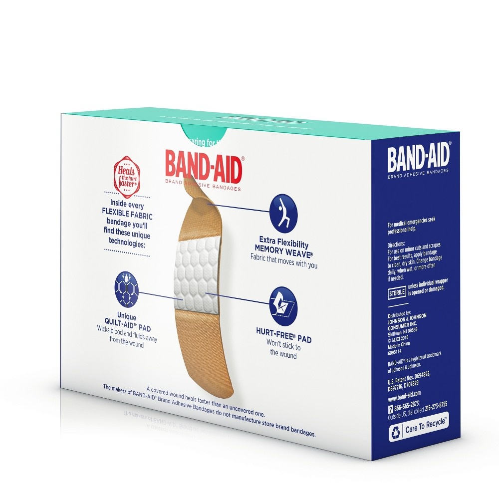 slide 5 of 8, BAND-AID Flexible Fabric Adhesive Bandages, Comfortable Sterile Protection & Wound Care for Minor Cuts & Burns, Quilt-Aid Technology to Cushion Painful Wounds, Assorted Sizes, 100 ct