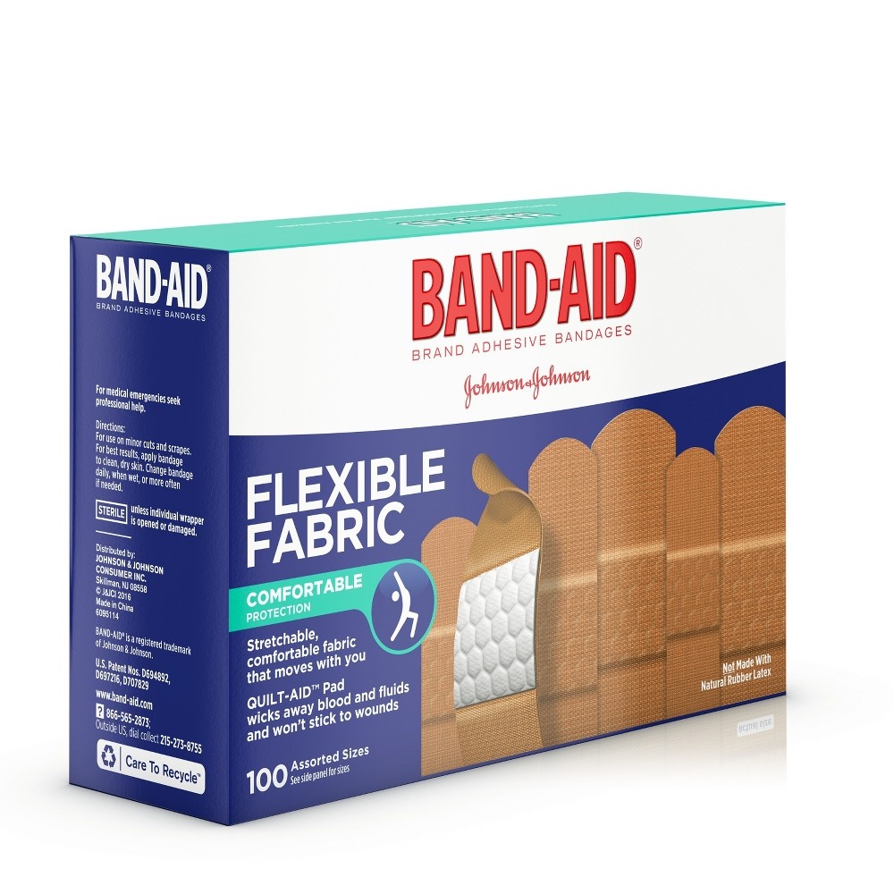 slide 6 of 8, Band-Aid Brand Flexible Fabric Adhesive Bandages, Comfortable Sterile Protection & Wound Care for Minor Cuts & Burns, Quilt-Aid Technology to Cushion Painful Wounds, Assorted Sizes, 100 ct