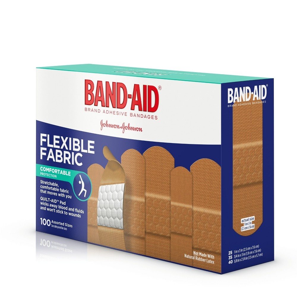 slide 8 of 8, BAND-AID Flexible Fabric Adhesive Bandages, Comfortable Sterile Protection & Wound Care for Minor Cuts & Burns, Quilt-Aid Technology to Cushion Painful Wounds, Assorted Sizes, 100 ct
