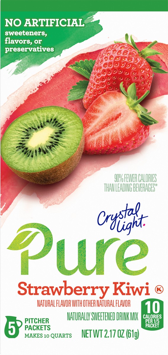 slide 2 of 9, Crystal Light Pure Strawberry Kiwi Naturally Flavored Powdered Drink Mix with No Artificial Sweeteners, 5 ct Pitcher Packets, 5 ct