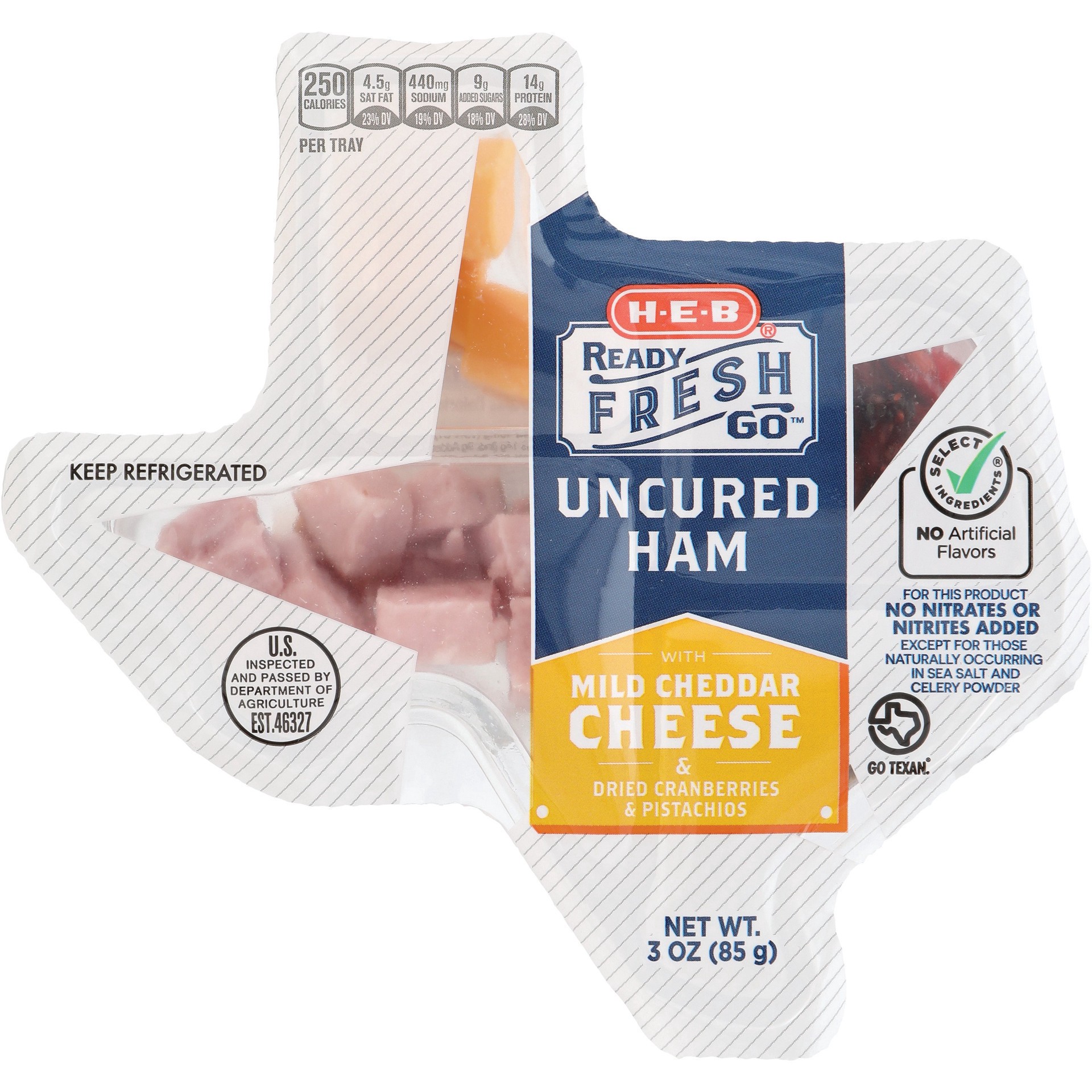 slide 1 of 1, H-E-B Ready, Fresh, Go! Snack Tray - Uncured Ham & Mild Cheddar Cheese, 2.95 oz