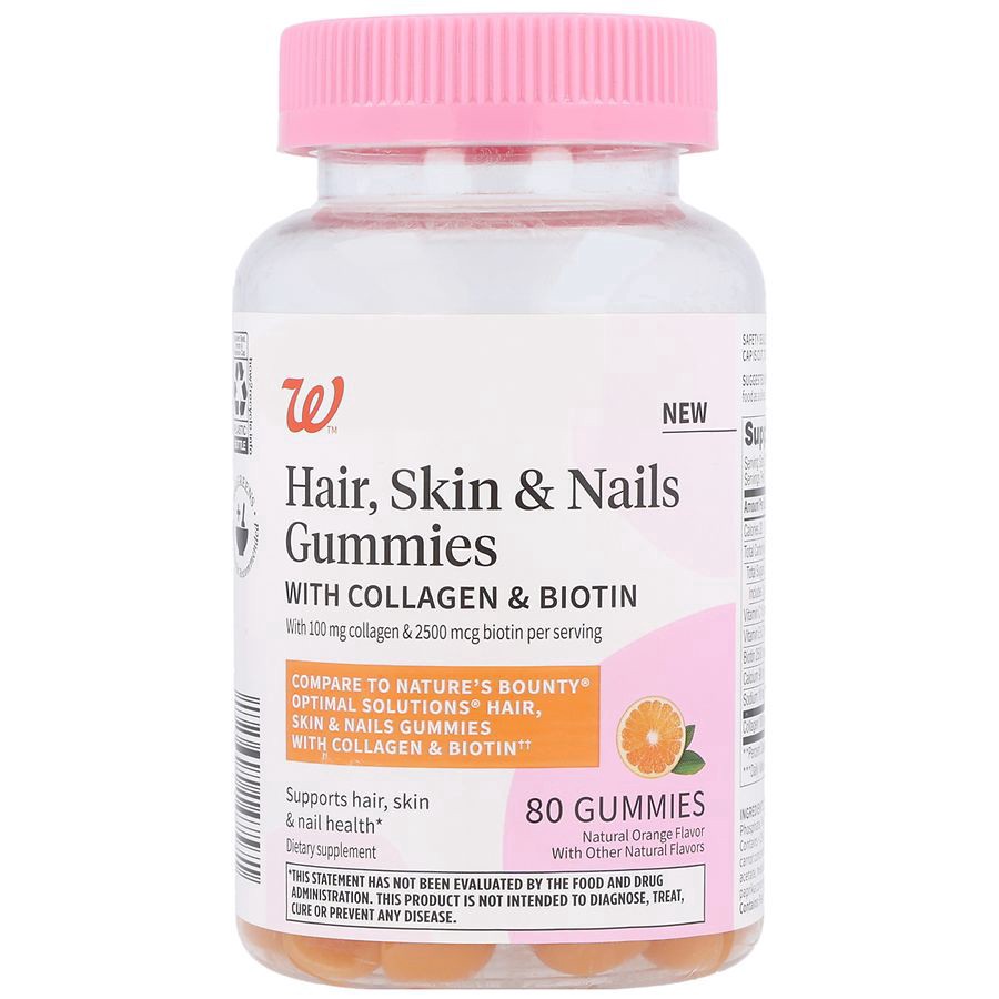 slide 1 of 5, Walgreens Hair, Skin & Nails Gummies With Collagen & Biotin Natural Orange, 80 ct