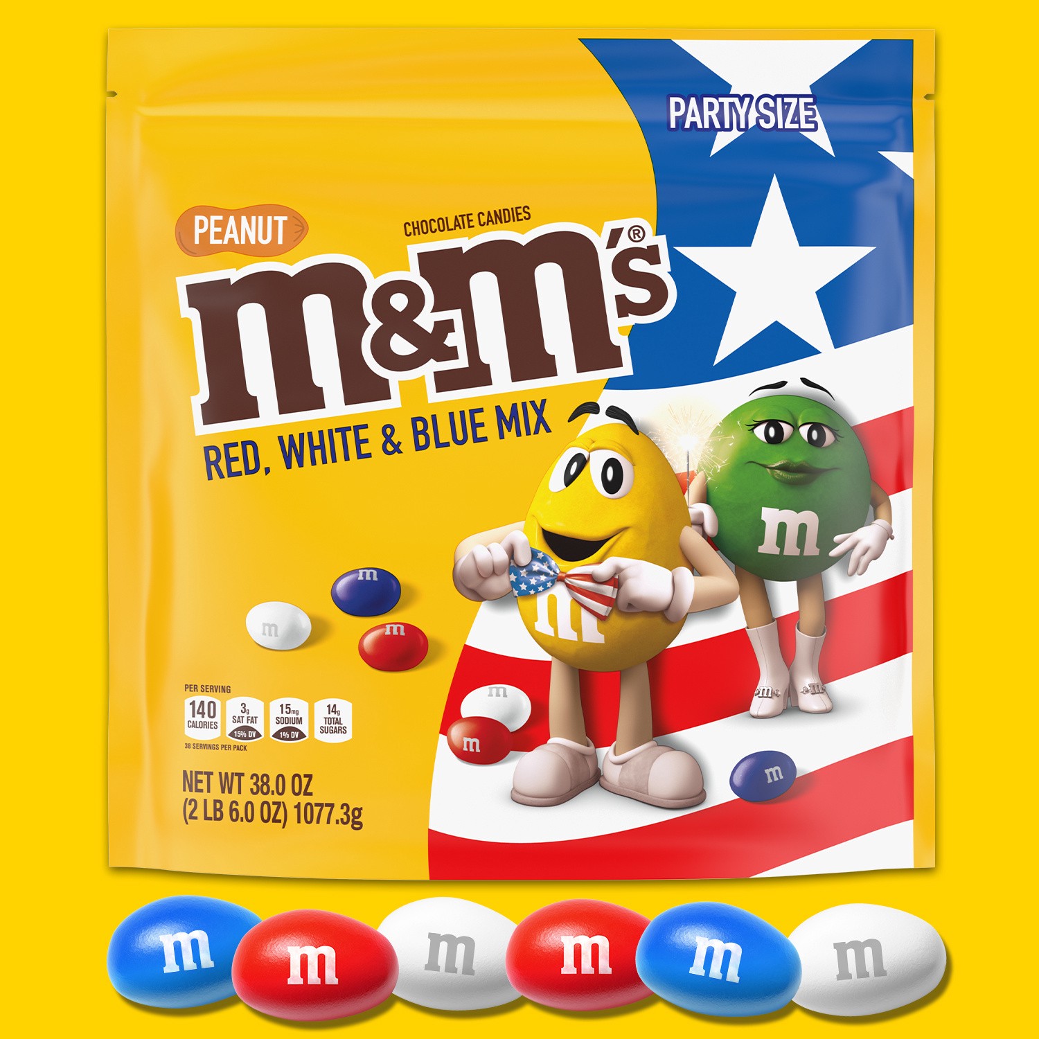slide 2 of 5, M&M's Summer Peanut Chocolate Candy Red, White & Blue Assortment, Party Size, 38 oz Bag, 38 oz