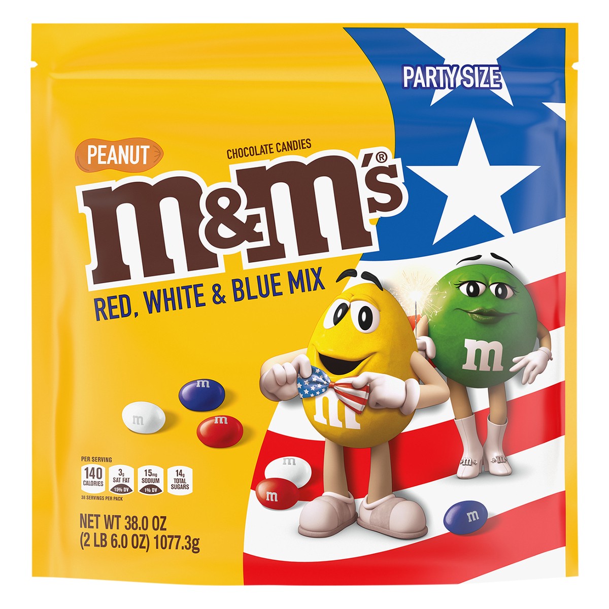 slide 1 of 5, M&M's Summer Peanut Chocolate Candy Red, White & Blue Assortment, Party Size, 38 oz Bag, 38 oz