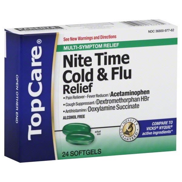 slide 1 of 10, TopCare Top Care Nite Time Cold And Flu Relief Softgels, 24 ct