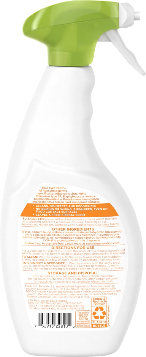 slide 3 of 5, Seventh Generation Disinfecting Spray Lemongrass Citrus, 26 oz, 26 oz